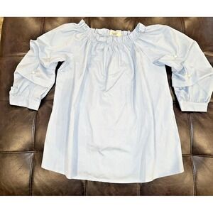 Julia Size Large Women Ruffle Neck Puff Sleeve Pearl Studded Shirt Blue Classic‎
